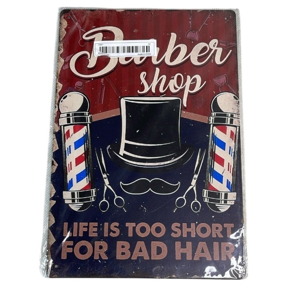 VINTAGE Vibe NWT Barber Shop Tin Metal Sign Life Is Too Short For Bad Hair
